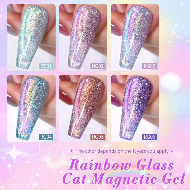 BORN PRETTY Rainbow Holographic Glass Cat Magnetic Gel 6PCS Transparent UV LED Nail Art Gel Semi Permanent Varnish Kit